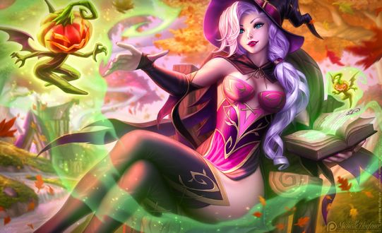 Обои на рабочий стол Девушка-ведьма с книгой заклинаний на Halloween / Хэллоуин, by Michelle Hoefener
