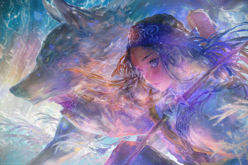 Обои на рабочий стол Asirpa / Асирпа и волк из аниме Golden Kamuy / Золотое божество, by muddymelly