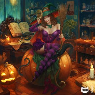 Обои на рабочий стол Pumpkin Witch / Тыквенная Ведьма с кошкой из игры Murka / Мурка, by Mario Wibisono