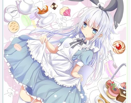 Обои на рабочий стол Rabbit girl в костюме горничной в окружении сладостей для чаепития