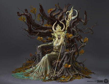 Обои на рабочий стол Богиня сидит на троне у старого дерева, Autumn / Осень, by Yohann Schepacz