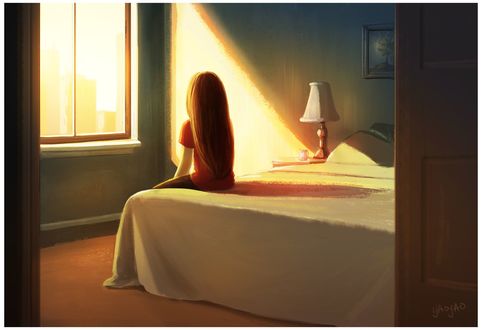 Обои на рабочий стол Девушка сидит на постели, by YaoyaoMVA
