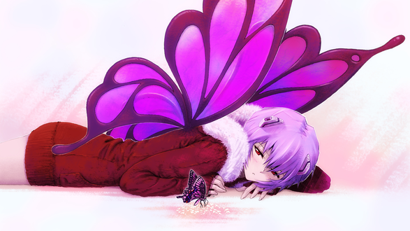 Обои на рабочий стол Рэй Аянами / Рей / Ayanami Rei из аниме Евангелион нового поколения / Neon Genesis Evangelion / Shinseiki Evangelion, с крыльями бабочки лежит и смотрит на другую бабочку, автор Kobayashi Yuji