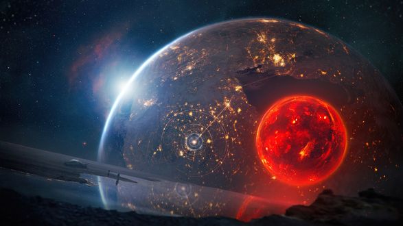 Обои на рабочий стол Blood Moon / Кровавая луна и огромная планета в космическом пространстве, by Tobias Roetsch