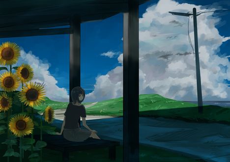 Обои на рабочий стол Девушка сидит на скамейке рядом с подсолнухами, by dayflower