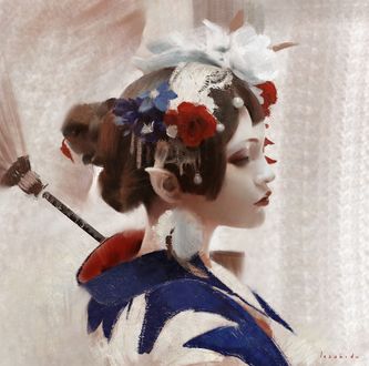 Обои на рабочий стол Elf in Kimono / Эльфийка в кимоно, by lius lasahido