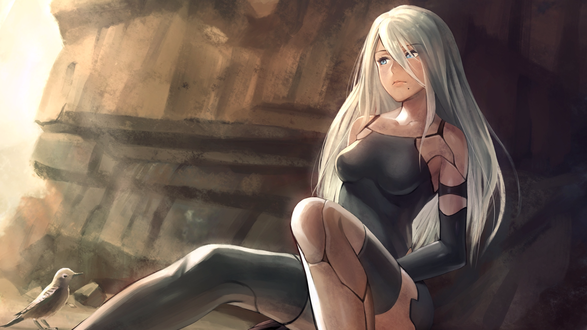 Обои на рабочий стол YoRHa №2 Type A с птичкой сидит в туннеле из игры NieR: Automata
