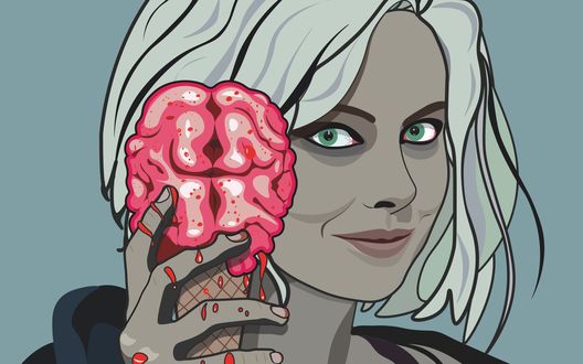 Обои на рабочий стол Роуз Макайвер / Rose McIver в роли Оливии / Лив Мур в сериале Я - зомби / iZombie с мороженым в виде человеческого мозга в руке, art by Pacto Visual