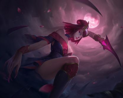Обои на рабочий стол Evelynn / Эвелинн сидит на фоне облачного неба и луны из игры League of Legends / Лига Легенд, by macduykhanh121094