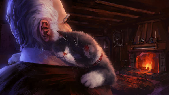 Обои на рабочий стол Старик с кошкой на плече, by Andrew Palyanov