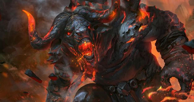 Обои на рабочий стол Minotaur / Минотавр из лавы, арт к игре Mythgard, by Rudy Siswanto