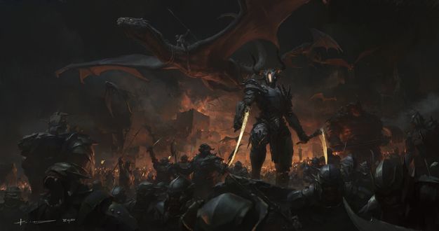 Обои на рабочий стол Legion / Легион монстров с летящими драконами, by Stanton Feng