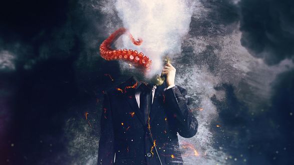 Обои на рабочий стол Мужчина, вместо головы у которого щупальца осьминога, прикладывает трубку в нему, art by Berli Mike