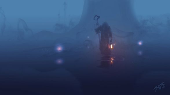 Обои на рабочий стол Темный странник с посохом и свечей в лампе, art by Andrey Lazarev