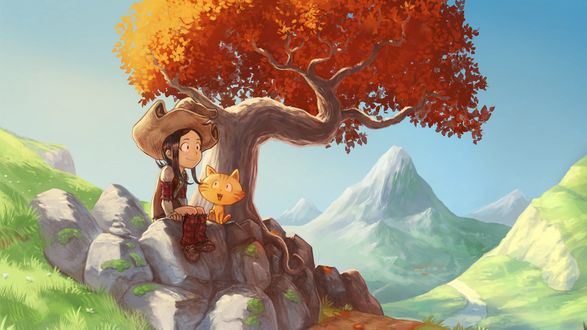 Обои на рабочий стол Девочка с рыжим котом сидят под деревом, art by David Revoy
