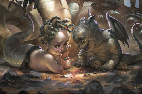 Обои на рабочий стол Детеныши медузы Горгоны и дракона из игры Baby Bestiary, by Rudy Siswanto