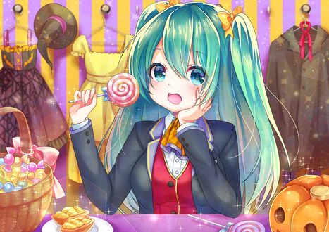 Обои на рабочий стол Vocaloid Hatsune Miku / Вокалоид Хатсуне Мику сидит в комнате со сладостями и светильником Джека