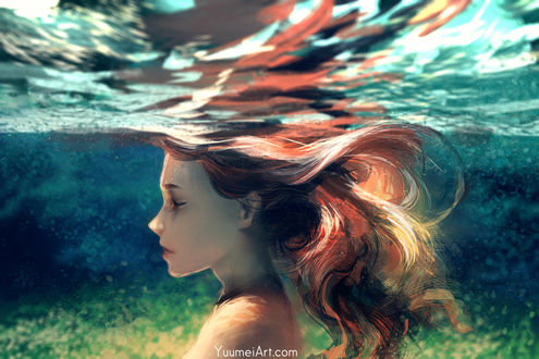 Обои на рабочий стол Девушка с закрытыми глазами под водой, by yuumei