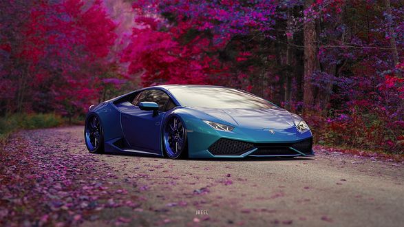 Обои на рабочий стол Голубой Lamborghini Huracan на дороге посреди осеннего леса, из игры Gran Turismo Sport, by JREEL