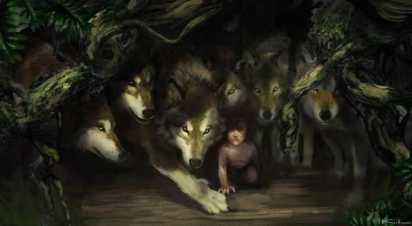 Обои на рабочий стол Маленький Маугли среди волчьей стаи, арт к фильму The Jungle Book / Книга джунглеи, by Karl Lindberg