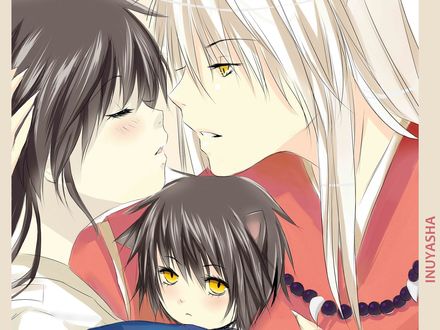 Обои на рабочий стол Демон Inuyasha собирается поцеловать мать своего ребенка из аниме Инуяша / InuYasha
