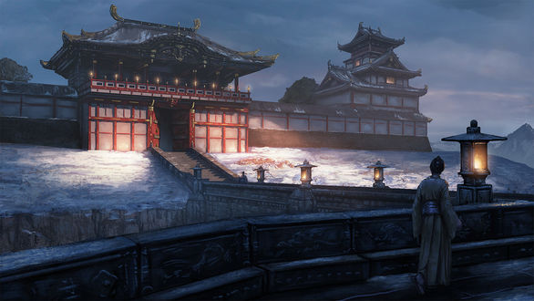 Обои на рабочий стол Мужчина в кимоно идет к замку, Japan / Япония, by Edward Baron
