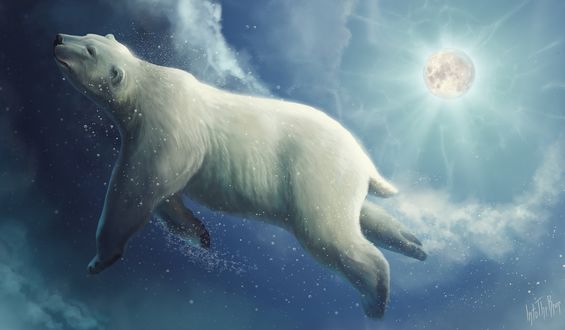 Обои на рабочий стол Белый медведь под водой на фоне луны, art by Into