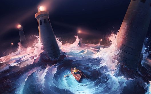 Обои на рабочий стол Ребенок в лодке посреди бушующего моря между маяками, art by AquaSixio