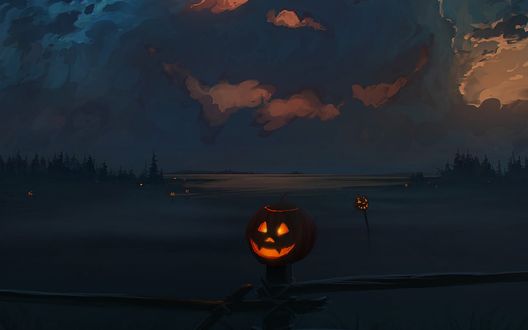 Обои на рабочий стол Светильники Джека вместо голов на пугалах, art by Artem Chebokha