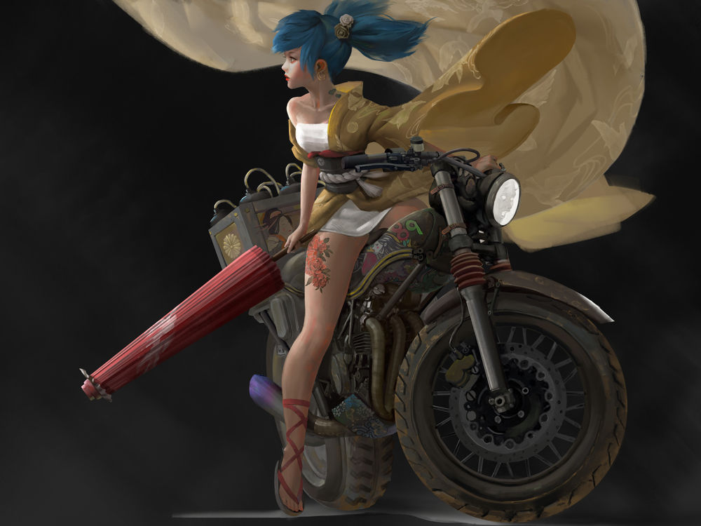 Обои для рабочего стола Девушка-Biker / Байкер с синими волосами из игры Dragon Ball / Жемчуг дракона, by Yu Ing