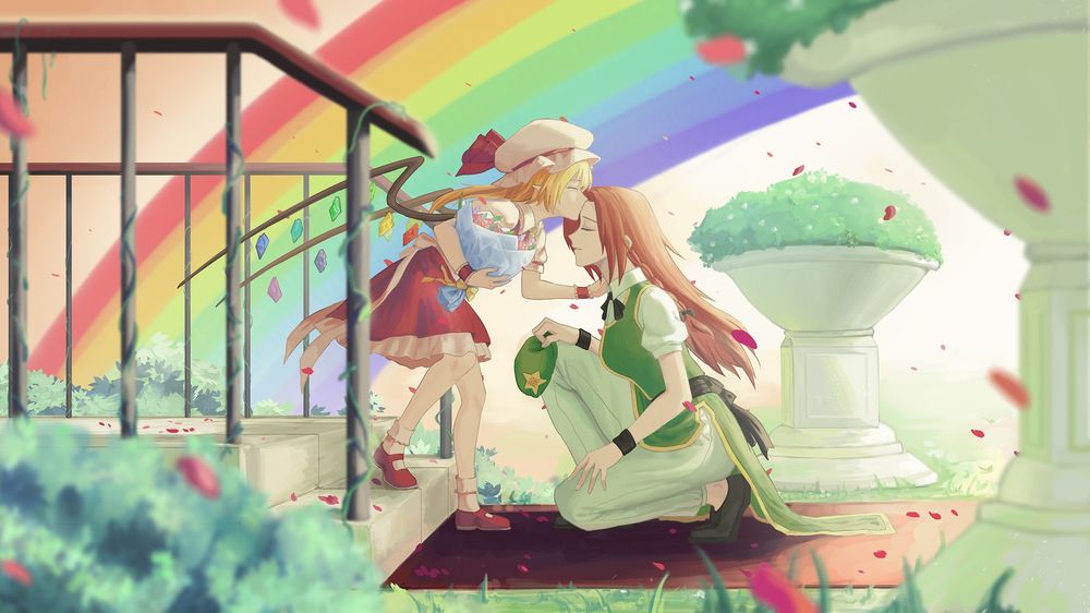 Обои для рабочего стола Фландр Скарлет / Flandre Scarlet с букетом целует в лоб преклонившую колени Хон Мэйлин / Hong Meiling на фоне радуги, из серии игр и аниме Проект Восток / Touhou Project