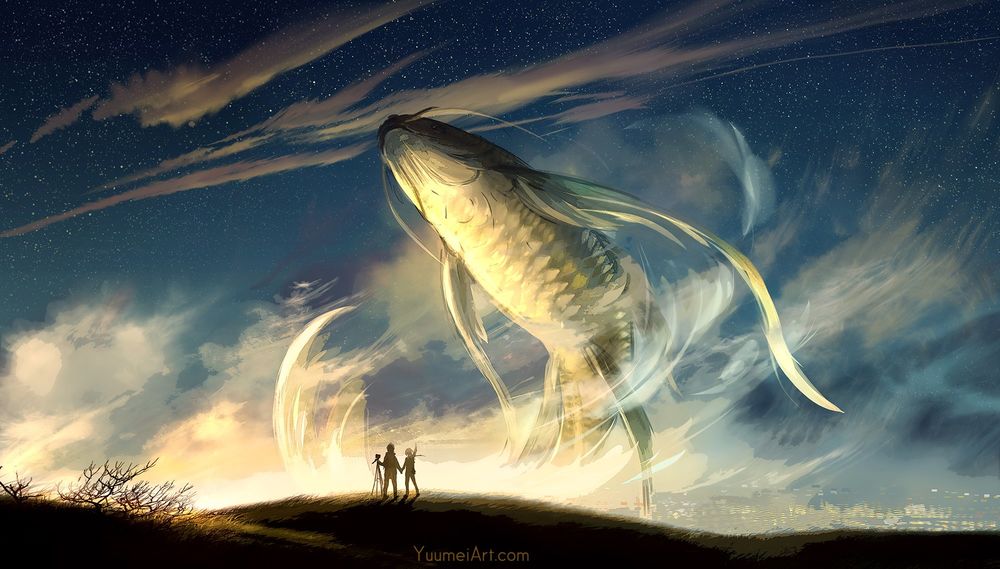 Обои для рабочего стола Дети смотрят на парящую в небе рыбу, by Yuumei Art