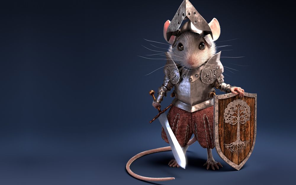 Обои для рабочего стола Маленький мышонок в рыцарских доспехах с мечом
