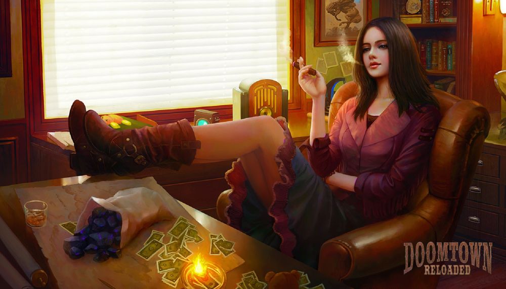 Обои для рабочего стола Девушка Tallulah (Lula) Morgan сидит в кресле с сигарой, арт к игре Doomtown Reloaded, by Mario Wibisono