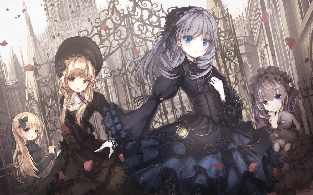 Обои для рабочего стола Четыре девочки в готических нарядах стоят у ворот в мрачном городе, автор MISSILE228