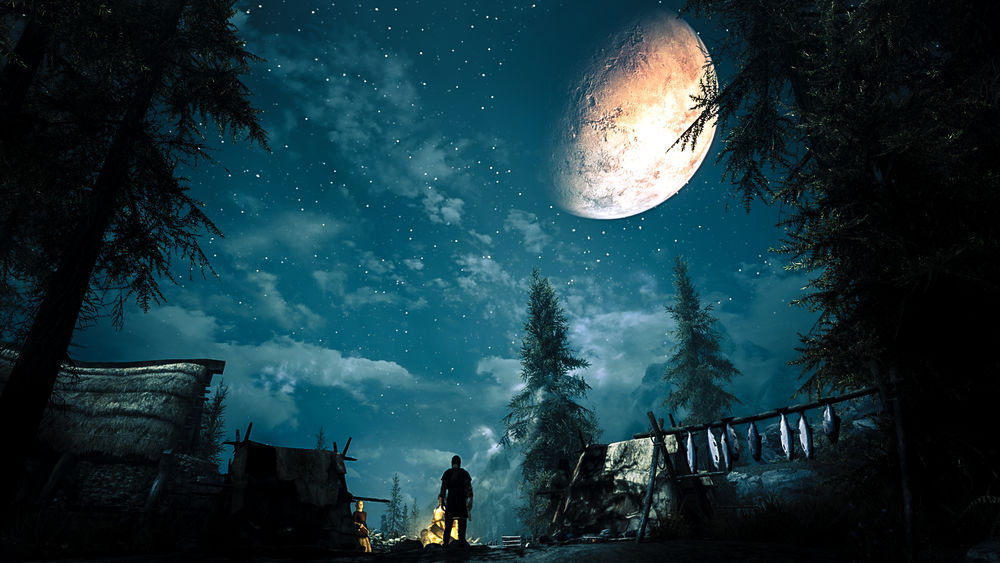 Обои для рабочего стола Деревья под ночным небом, игра The Elder Scrolls V: Skyrim, by WatchTheSkies45