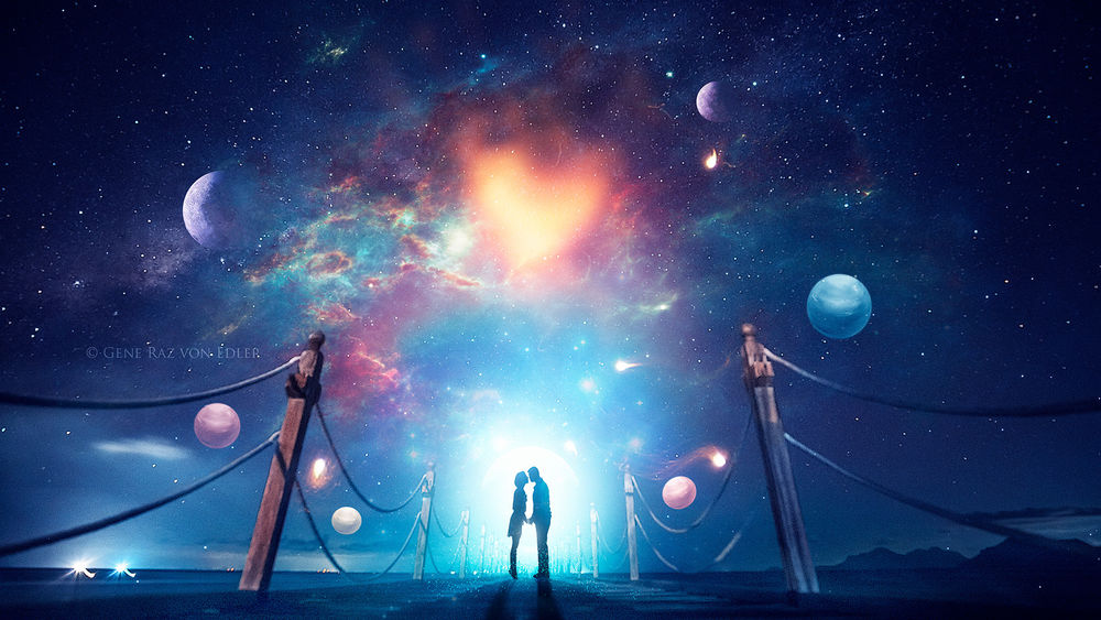 Обои для рабочего стола Влюбленные стоят под ночным небом, by Gene Raz von Edler