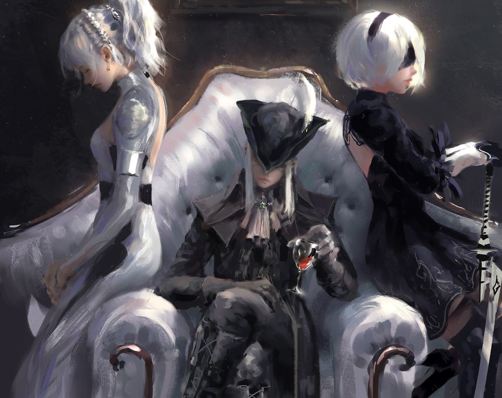 Обои для рабочего стола Luna из Final Fantasy XV, 2B из Nier Automata и Lady Maria / Леди Мария сидящая в кресле с бокалом вина из игры Bloodborne: Порождение крови, by Wlop