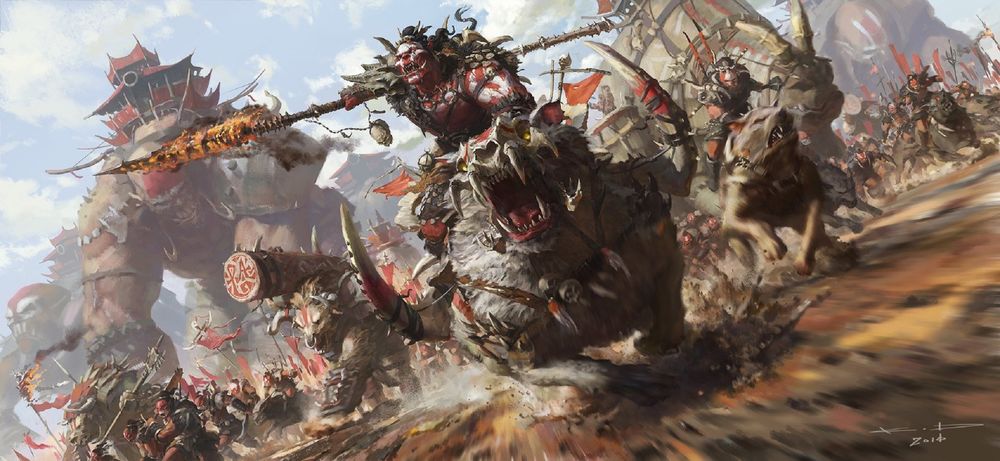 Обои для рабочего стола Орк Sarnuk bloodsoul со своей ордой в наступлении, арт к игре World of Warcraft / Мир военного ремесла, by Stanton Feng
