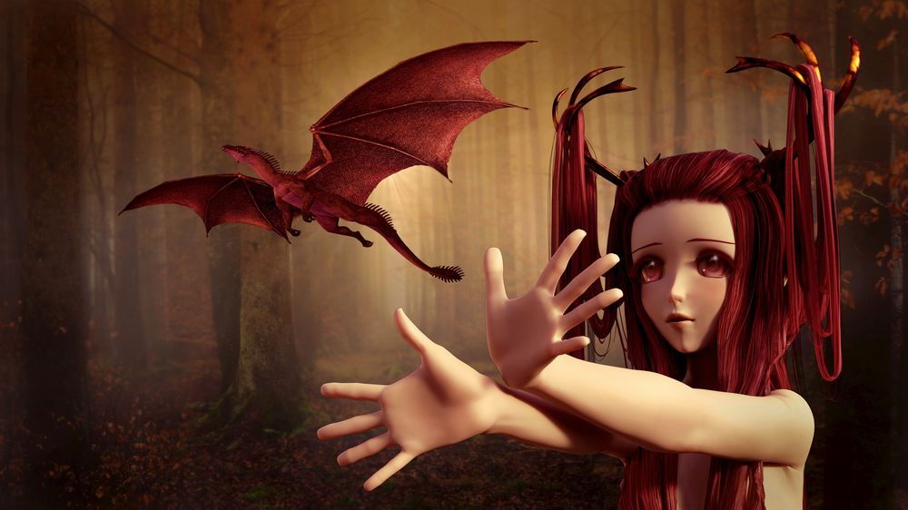 Обои для рабочего стола Девочка с красными волосами и рогами на голове в лесу, пытается поймать маленького красного дракончика
