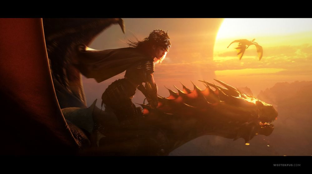 Обои для рабочего стола Девушка-воин летит на драконе, by Wojtek Fus