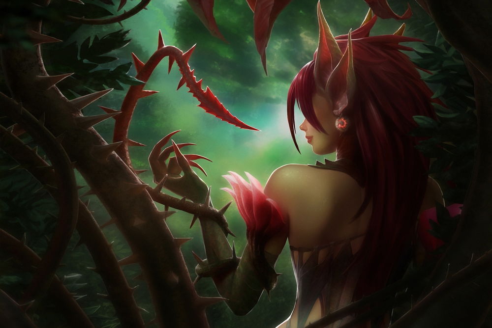 Обои для рабочего стола Зайра / Zyra из игры Лига Легенд / League of Legends / LoL, расслабляется в лесу