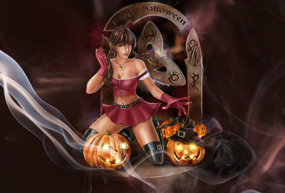 Обои для рабочего стола Ведьма стоит на коленках перед светильниками, (Happy Halloween / Счастливого Хэллоуина), by Kajenna