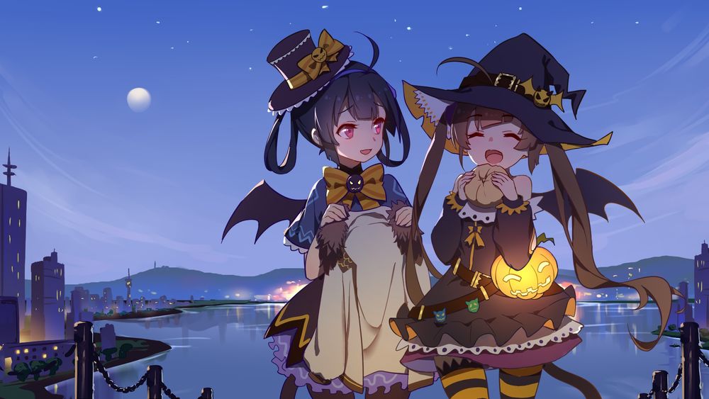 Обои для рабочего стола Две девочки в костюмах ведьмочек на Halloween, by Azur Lane