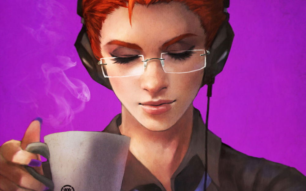 Обои для рабочего стола Девушка в наушника с чашкой горячего кофе, by moira o deorain