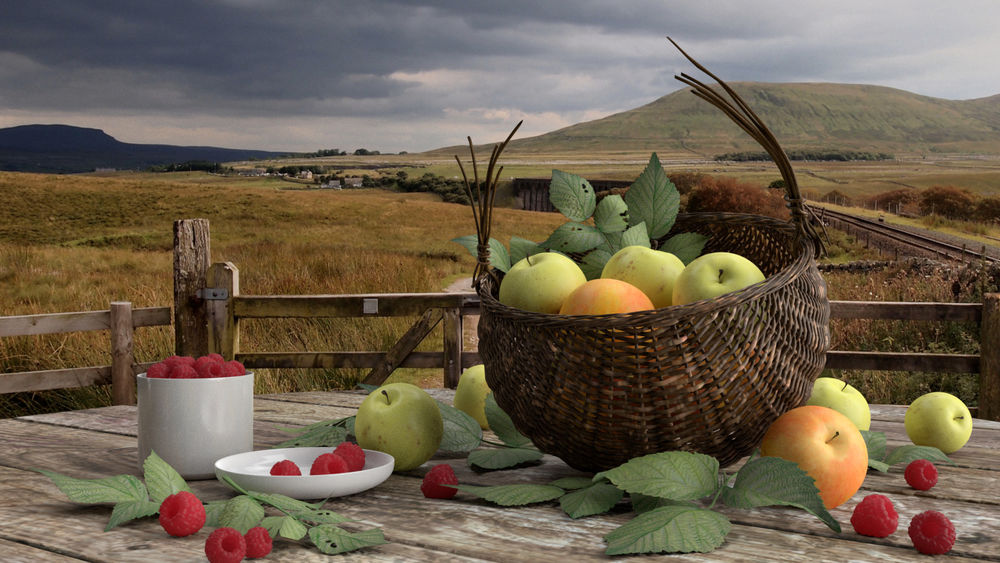 Обои для рабочего стола Яблоки в корзине и малина в блюдце и чашке стоят на дощатой поверхности на фоне природы, by Svetlana Rastegina