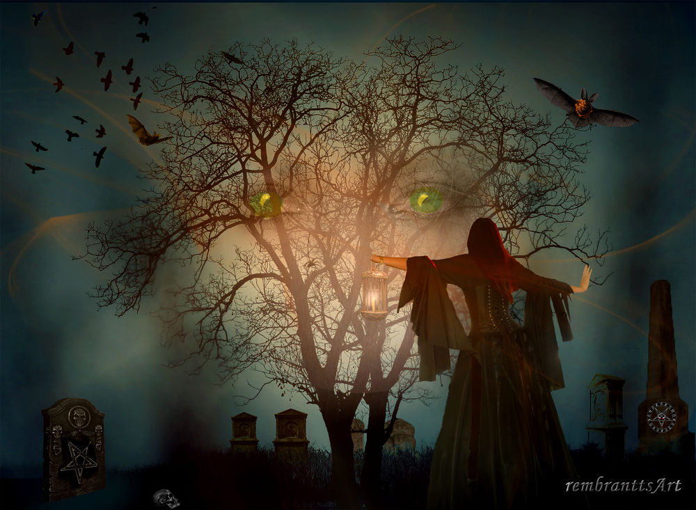 Обои для рабочего стола Девушка стоит на фоне дерева в ночь празднования Halloween / хеллоуина, by rembrantt