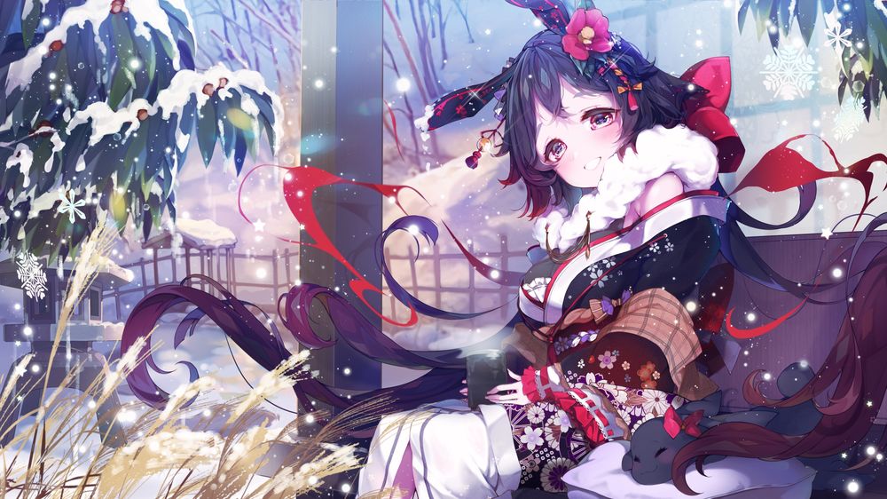 Обои для рабочего стола Rabbit girl в кимоно сидит на скамейке в зимнем парке из манги Iron Saga