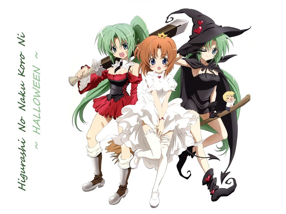 Обои для рабочего стола Ryuuguu Rena / Рюгу Рена, Shion & Mion Sonozaki в костюмах для Halloween из аниме Когда плачут цикады / Higurashi no Naku Koro ni