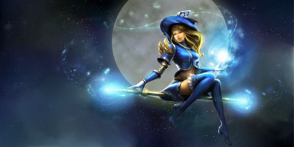 Обои для рабочего стола Lux, Lady of Luminosity / Люкс, Леди Свечения летит на метле в образе ведьмы из игры League of Legends / Лига Легенд